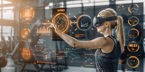 A Woman Interacts with Advanced Virtual Reality Interface, Analyzing Performance Metrics in a High-Tech Environment, Demonstrating the Integration of Health Tech and Personal Fitness, Generative AI