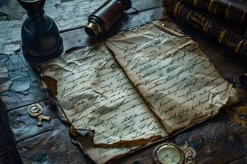 A worn leather-bound book with a compass rests on a rustic wooden table beside a blank page and a vintage pen