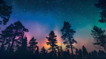 A starry sky is shown above a forest of tall trees