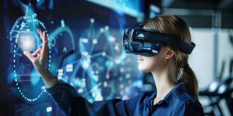 A Woman Interacts with Advanced Virtual Reality Interface, Analyzing Performance Metrics in a High-Tech Environment, Demonstrating the Integration of Health Tech and Personal Fitness, Generative AI