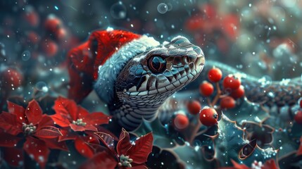 Cute snake in a red santa claus hat. Christmas mood. Gift card. Symbol of the year according to the Chinese calendar