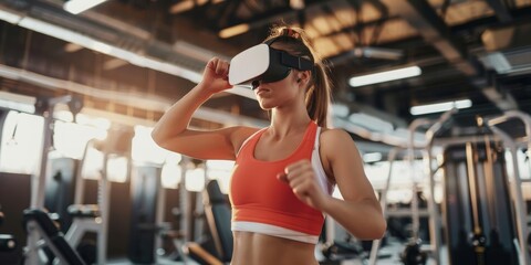 Three Athletic Women Engage in a Dynamic Treadmill Workout Using VR Headsets, Experiencing an Immersive Running Session in a Modern Gym, Showcasing the Fusion of Health and High-Tech, Generative AI