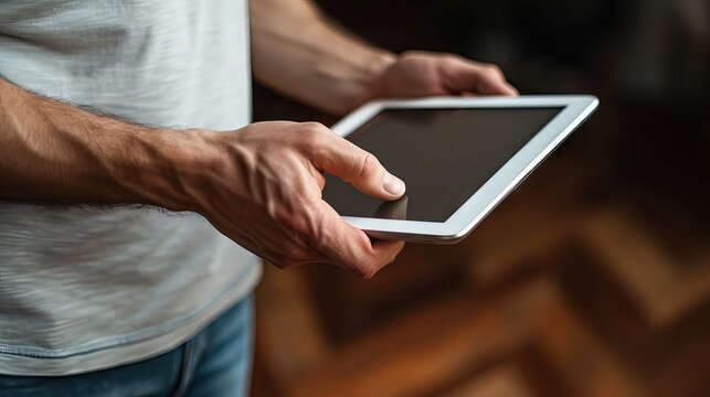 Close-up view of a hand grasping a modern digital tablet, displaying interactive screen – technology in everyday life