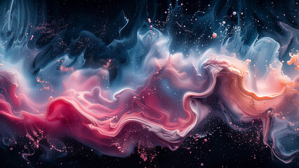 Black background, pink blue and white paint swirls and splashes in space