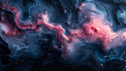 Black background, pink blue and white paint swirls and splashes in space
