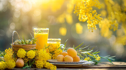 Table serving with Easter egg and mimosa flowers - Powered by Adobe