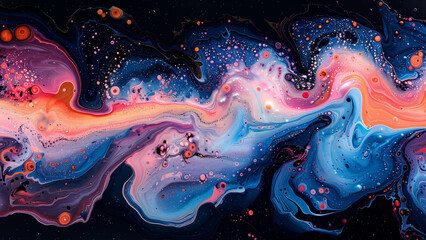 Black background, pink blue and white paint swirls and splashes in space