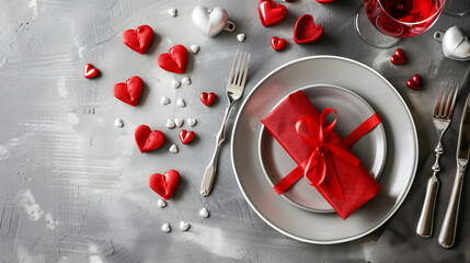 Table setting for Valentines Day with hearts and gift