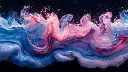 Black background, pink blue and white paint swirls and splashes in space