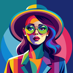 Beautiful Girl with hat and sunglasses colorful watercolor illustration