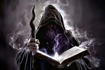 An Ancient Wizard with Flowing Beard Casts a Powerful Spell, Illuminated by Ethereal Blue Light, Conjuring Magic from an Ancient Tome in a Realm of Fantasy and Enchantment, Generative AI