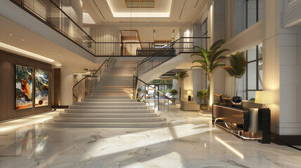 High-end American foyer with luxurious staircase and contemporary art display.