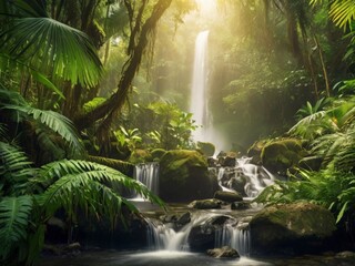 Dense jungle, tropical waterfall, illuminated by the sun's warm rays. Wet rocks, ferns, lianas, palm trees, and abundant moisture, embodying the rainforest's charm.
