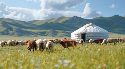 the vast grassland spreads out, and in one of these huge yurts stands a flock of red and white...