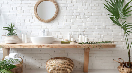 Table with sink rattan pouf and cosmetic products near
