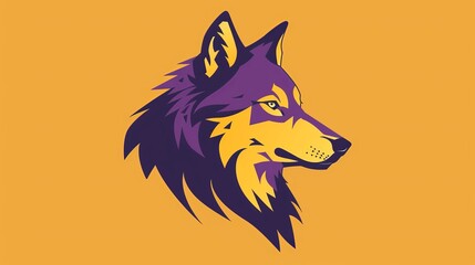 Fototapeta premium A flat design vector-style illustration of a wolf's head in purple and gold, facing to the right