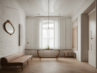 Wooden bench against grey wall and staircase. Scandinavian, rustic farmhouse interior design of modern entryway.