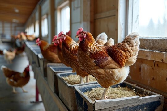 Chickens on a chicken farm grazing outdoors, domestic animal husbandry concept
