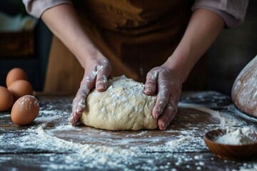 Fototapeta premium Baker's hands knead dough on the table in a bright kitchen 