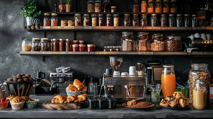 Obraz premium An indoor photo of a coffee counter featuring a variety of drinks such as juices, hot tea, espresso, and cappuccino, as well as croissants and muffins. 