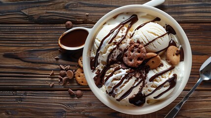 
An instant photo capturing a top-down view of ice cream served with biscuits, chocolate sauce, and cream on a wooden table