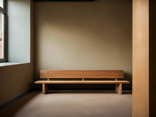 Wooden bench against grey wall and staircase. Scandinavian, rustic farmhouse interior design of modern entryway.