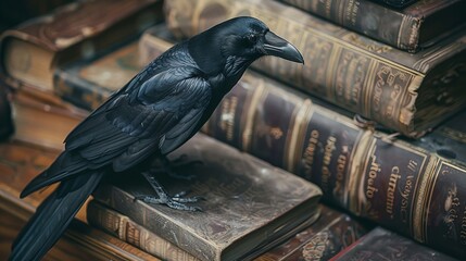 Fototapeta premium A large black bird perched on ancient books