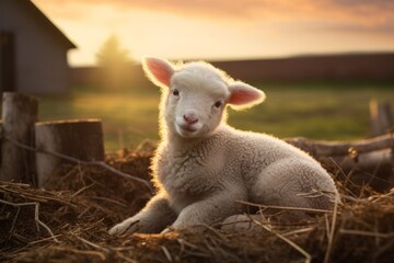 Funny close-up portrait of a little lamb on a wide angle camera sitting on hay.