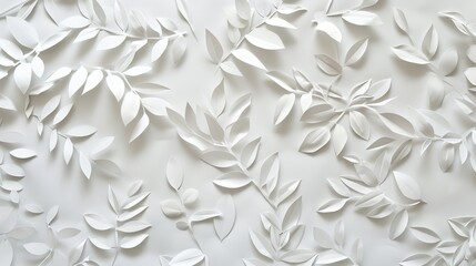 Numerous white paper cutouts of rain tree leaves arranged on a white wall