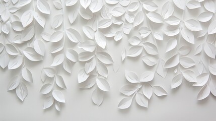 Numerous white paper cutouts of rain tree leaves arranged on a white wall