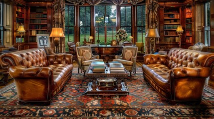 Fototapeta premium Traditional library interior with rich wood paneling and cozy seating, suitable for academic and luxury marketing.
