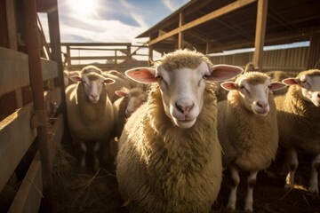 Obraz premium Funny close up portrait of a lamb on a wide angle camera with a flock of sheep.