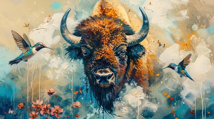 Oil painting featuring gestural brush marks depicting a realistic bison with two hummingbirds flying near its head, set against a background of clouds. The painting focuses on bokeh and is a close-up 