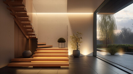 Modern American home entrance with a sleek wooden staircase and minimalist decor.