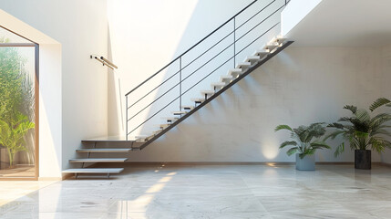 Modern minimalist entrance with a stylish metal staircase in an upscale American apartment.