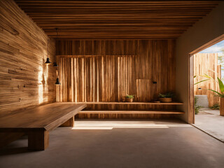 Wooden bench against grey wall and staircase. Scandinavian, rustic farmhouse interior design of modern entryway.