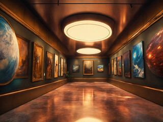 A billboard wall of art posters and framed portraits by various painters on a white wall in a museum on a wall that goes for infinity, horizon at the top of the image, digital art, 8k hdr