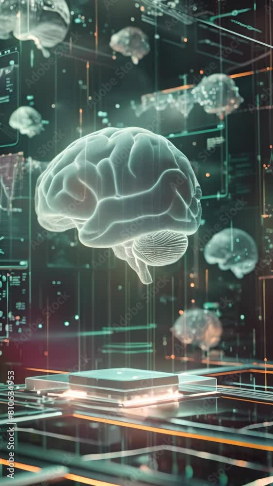 Wall mural a computer chip with a brain on it. the brain is surrounded by other brains. vertical video