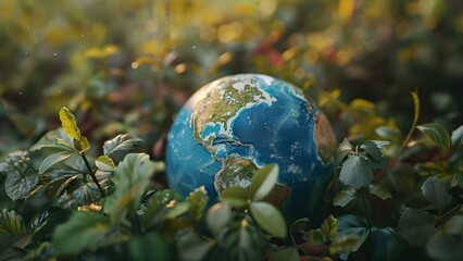 Globe surrounded by weeds representing the importance of reduce, reuse, and recycle for minimizing environmental impact. Concept Environmental Conservation, Recycling, Reduce Reuse Recycle