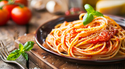 Tasty boiled pasta with tomato sauce on plate closeup