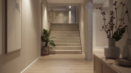 Simple and elegant entrance hall with a straight staircase and minimalist decorations in an American townhouse.
