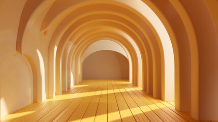 Scalloped arch entrance to an art gallery with a yellow wooden floor and gentle light. 3D render.