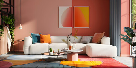 Coral and terracotta living room accent sectional sofa The walls are dark beige great art gallery location Colorful house interior mockup.