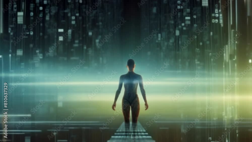 Poster A binary code sequence morphing into a human figure, representing the blurring boundaries between the digital and physical realms.All of the numbers on the walls are different sizes and colors