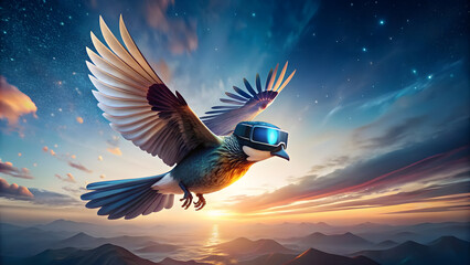 Obraz premium Bird Soaring with VR Headset: Freedom in Virtual Reality. Perfect for: Virtual Reality Enthusiasts, Nature Lovers, Adventure Seekers. Virtual Reality, Freedom, Exploration, Nature, Adventure Concept.