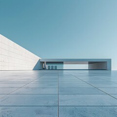 Obraz premium Serene Minimalist Modern Architecture Building with Crisp Lines and Geometric Shapes Against Clear Blue Sky
