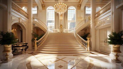 Spacious and elegant entrance with a broad staircase and refined decor in an American estate.