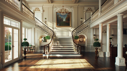 Spacious and elegant entrance with a broad staircase and refined decor in an American estate.