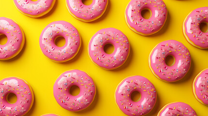 A 3D rendered pink donuts pattern on a yellow background, creating a seamless wallpaper. This minimal concept features copy space for text or graphic elements and is captured in high resolution photo