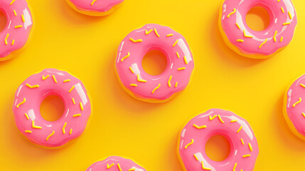 Fototapeta premium A 3D rendered pink donuts pattern on a yellow background, creating a seamless wallpaper. This minimal concept features copy space for text or graphic elements and is captured in high resolution photo